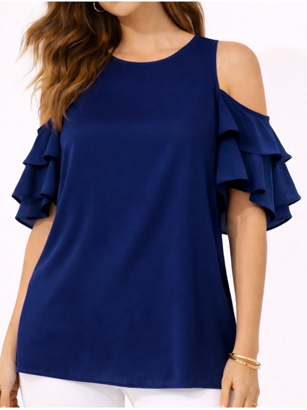 New York & Company Navy Cold-Shoulder Ruffle Blouse